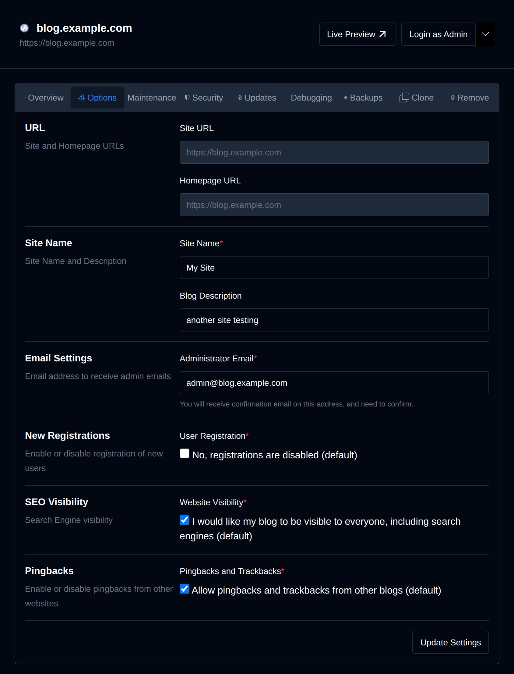 Options tab with the site URL, site name, email, registration, SEO visibility and pingback settings