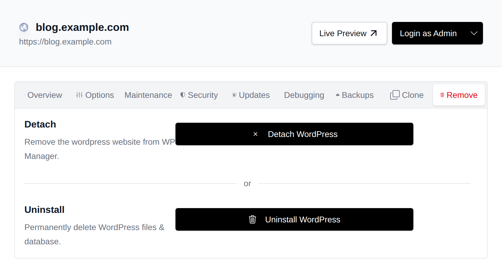 Remove tab with the Detach and Uninstall options