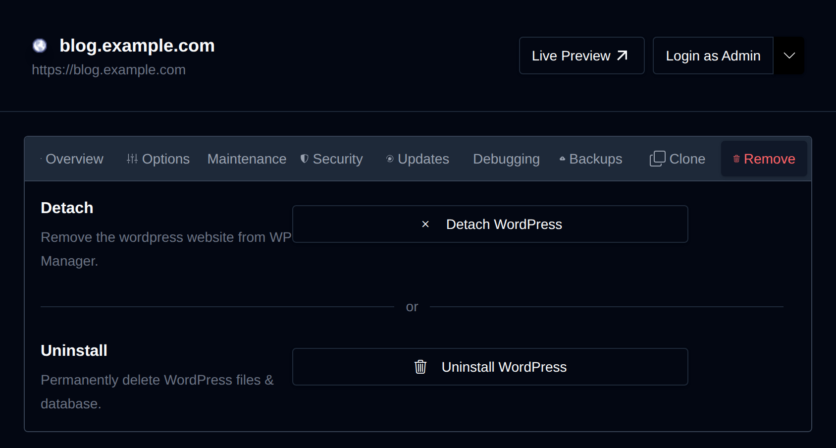 Remove tab with the Detach and Uninstall options