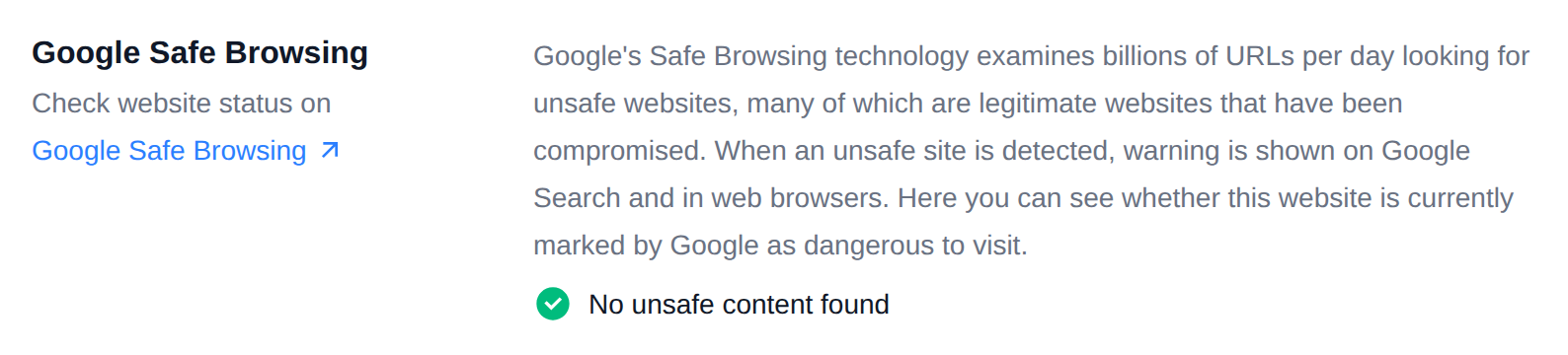 Google Safe Browsing section of the Security tab with the result of the check against the Google Safe Browsing list