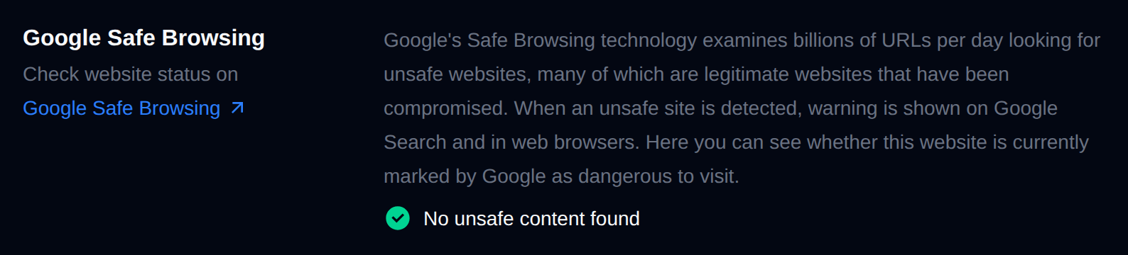 Google Safe Browsing section of the Security tab with the result of the check against the Google Safe Browsing list