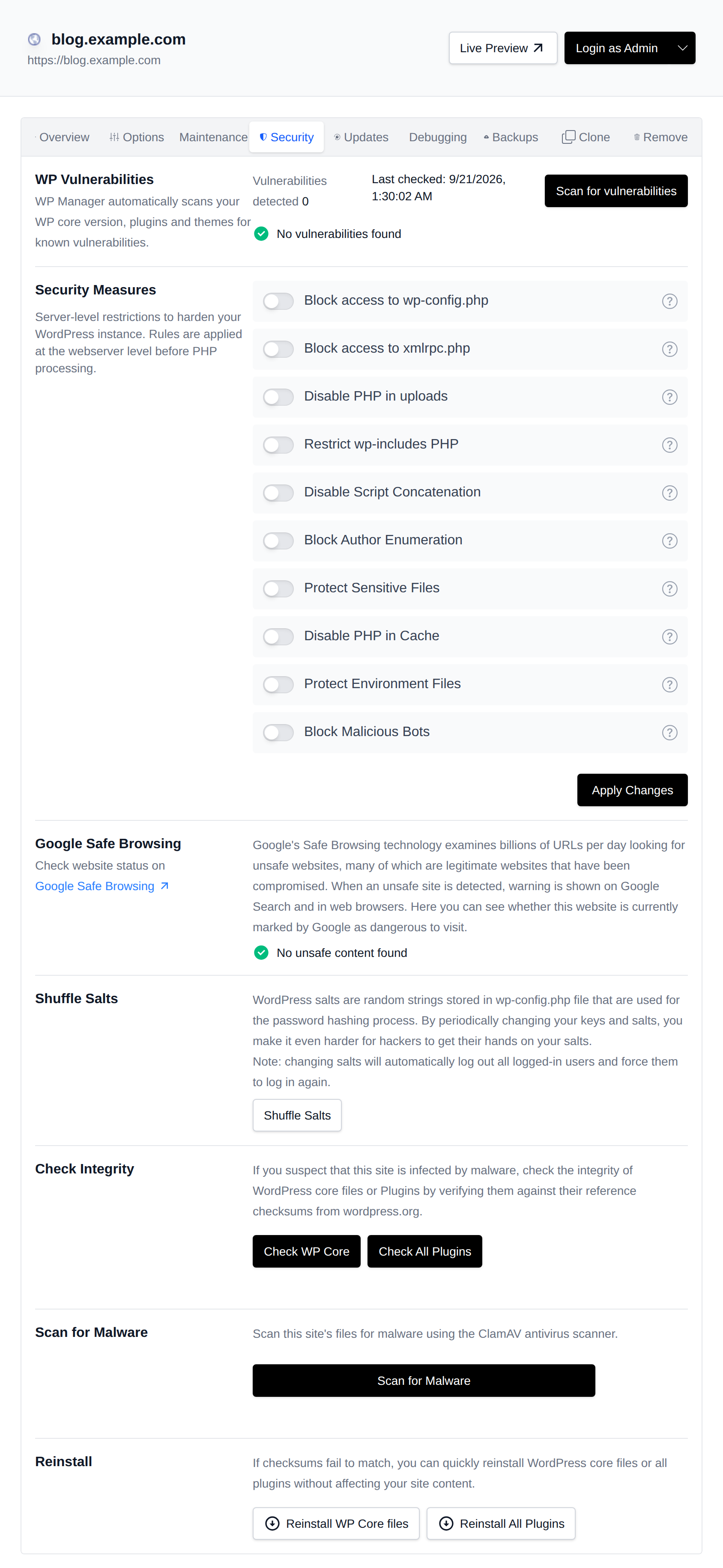 Security tab with vulnerability report, Safe Browsing, salts, integrity check, malware scan and reinstall