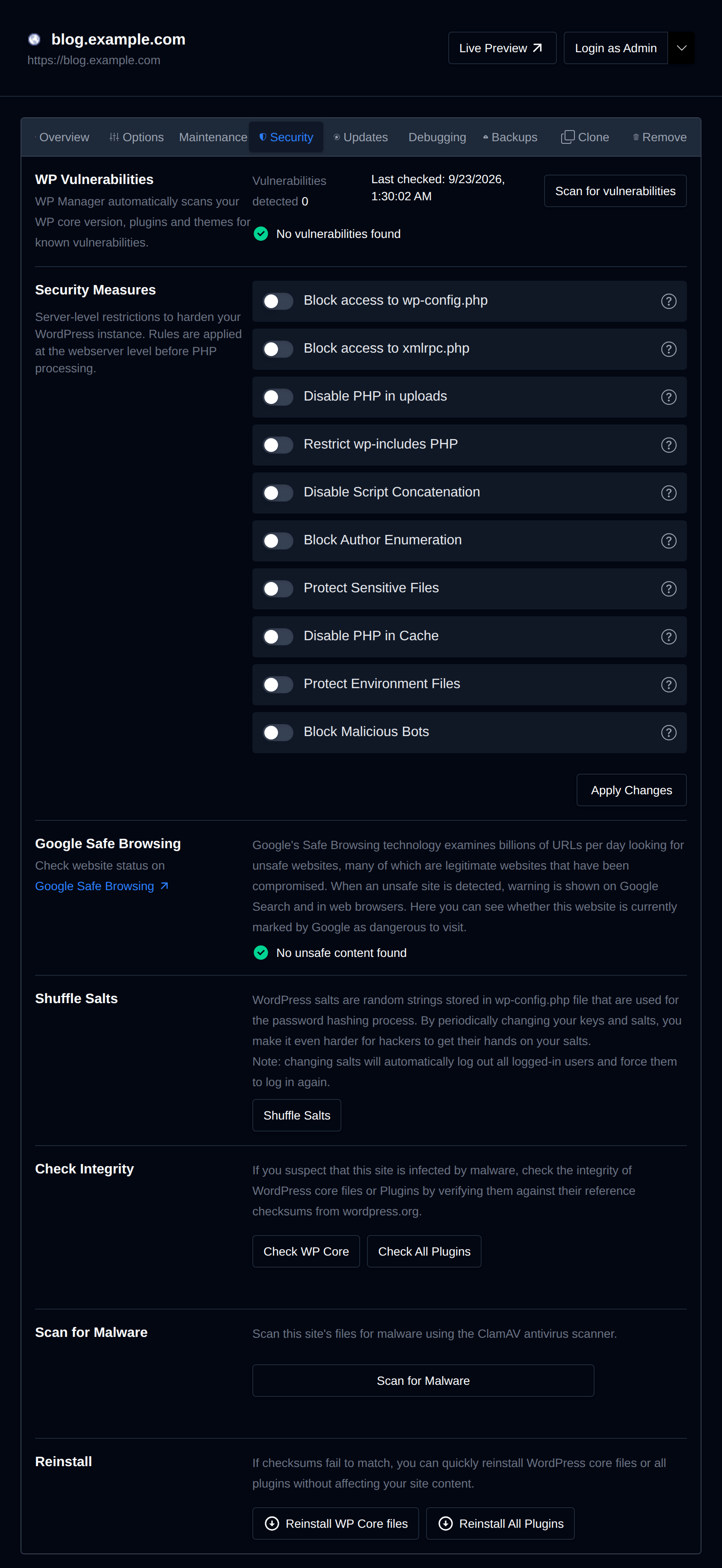 Security tab with vulnerability report, Safe Browsing, salts, integrity check, malware scan and reinstall