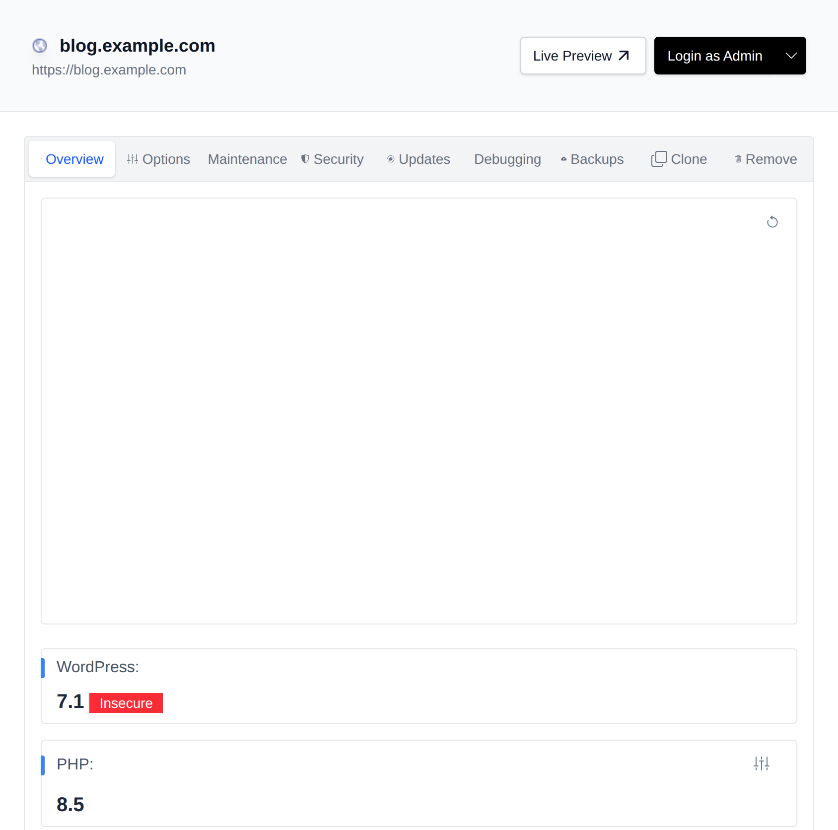 WordPress site manager with the screenshot, versions, files and database details