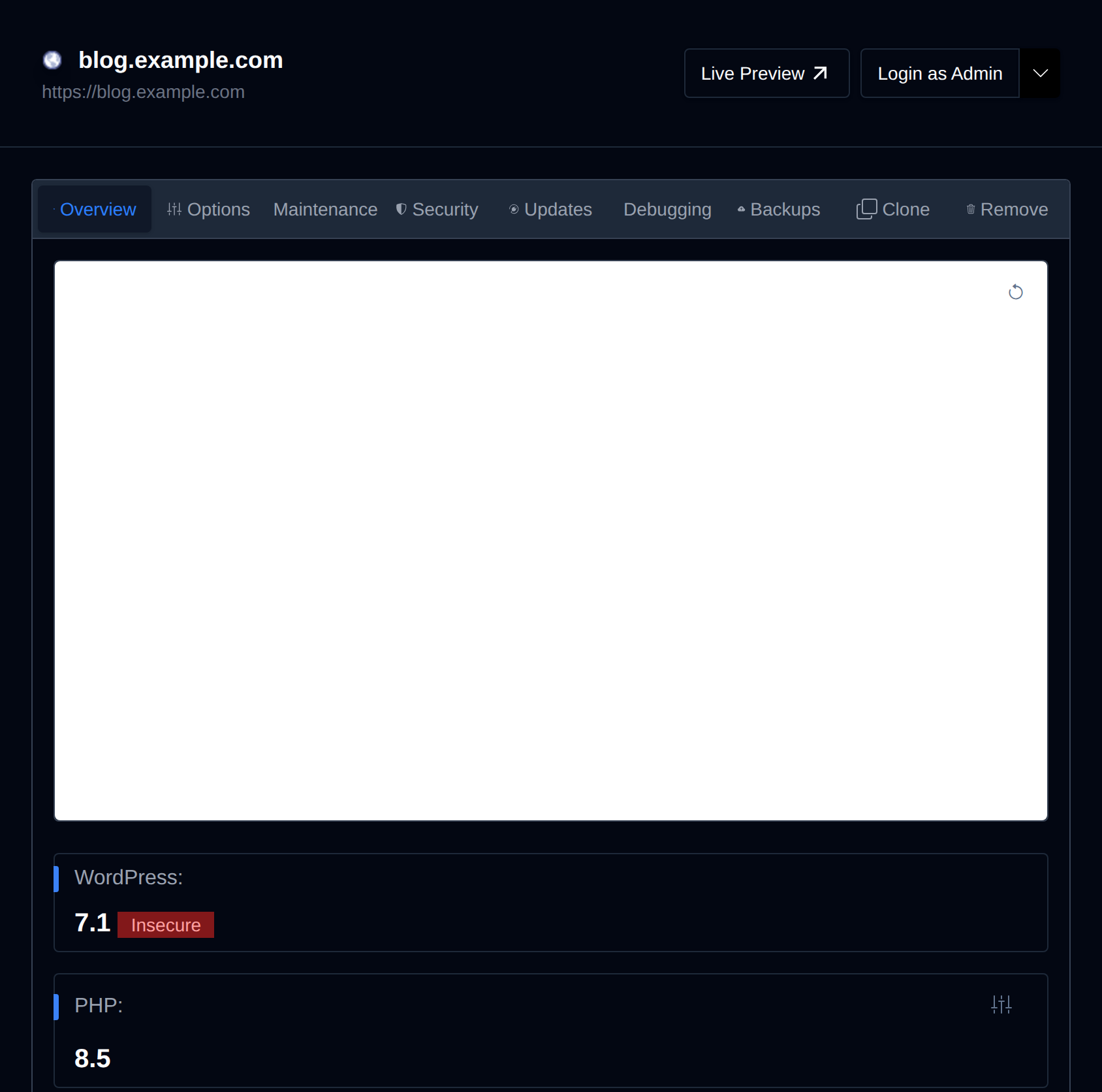 WordPress site manager with the screenshot, versions, files and database details