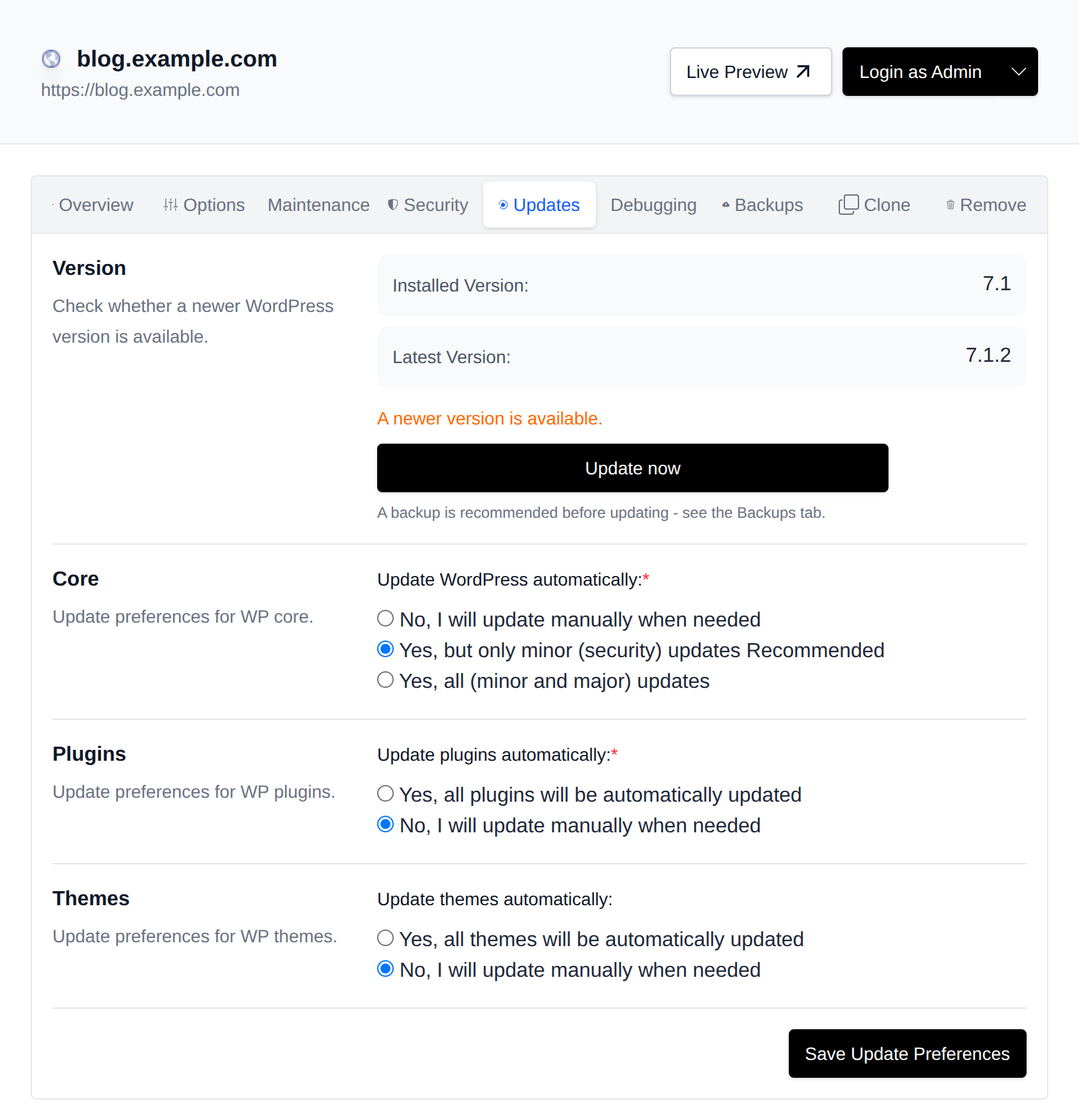 Updates tab listing core, plugin and theme update status