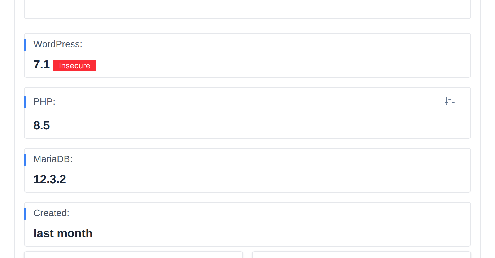 WordPress, PHP and MariaDB version cards and the creation date