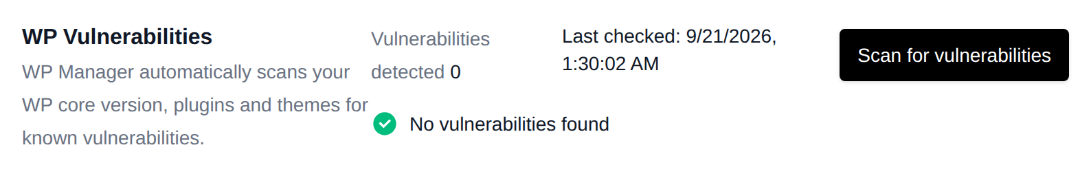 WP Vulnerabilities section of the Security tab with the number of detected vulnerabilities, the last check time and the Scan for vulnerabilities button