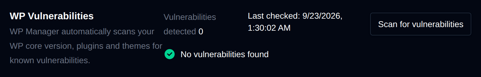 WP Vulnerabilities section of the Security tab with the number of detected vulnerabilities, the last check time and the Scan for vulnerabilities button