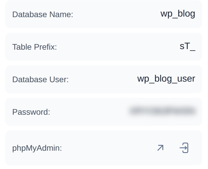 Database details on the Overview tab of WordPress Manager with the database name, table prefix, user, hidden password and phpMyAdmin links