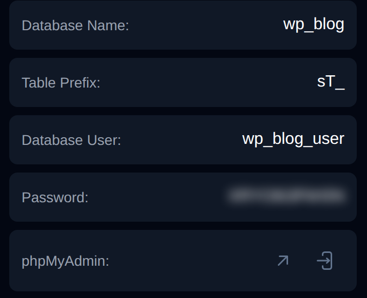 Database details on the Overview tab of WordPress Manager with the database name, table prefix, user, hidden password and phpMyAdmin links