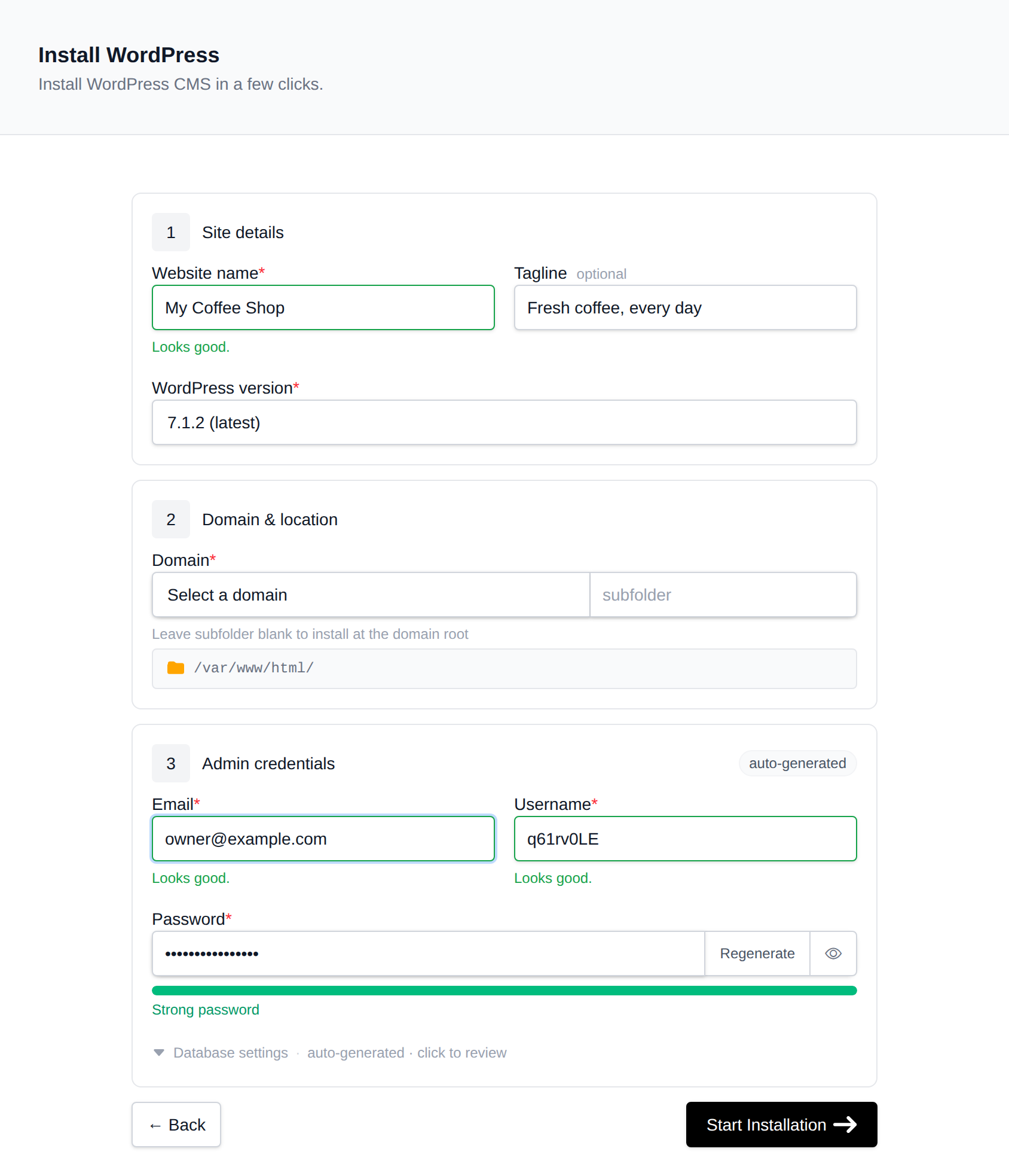 Install WordPress form with site details, domain and location, and admin credentials