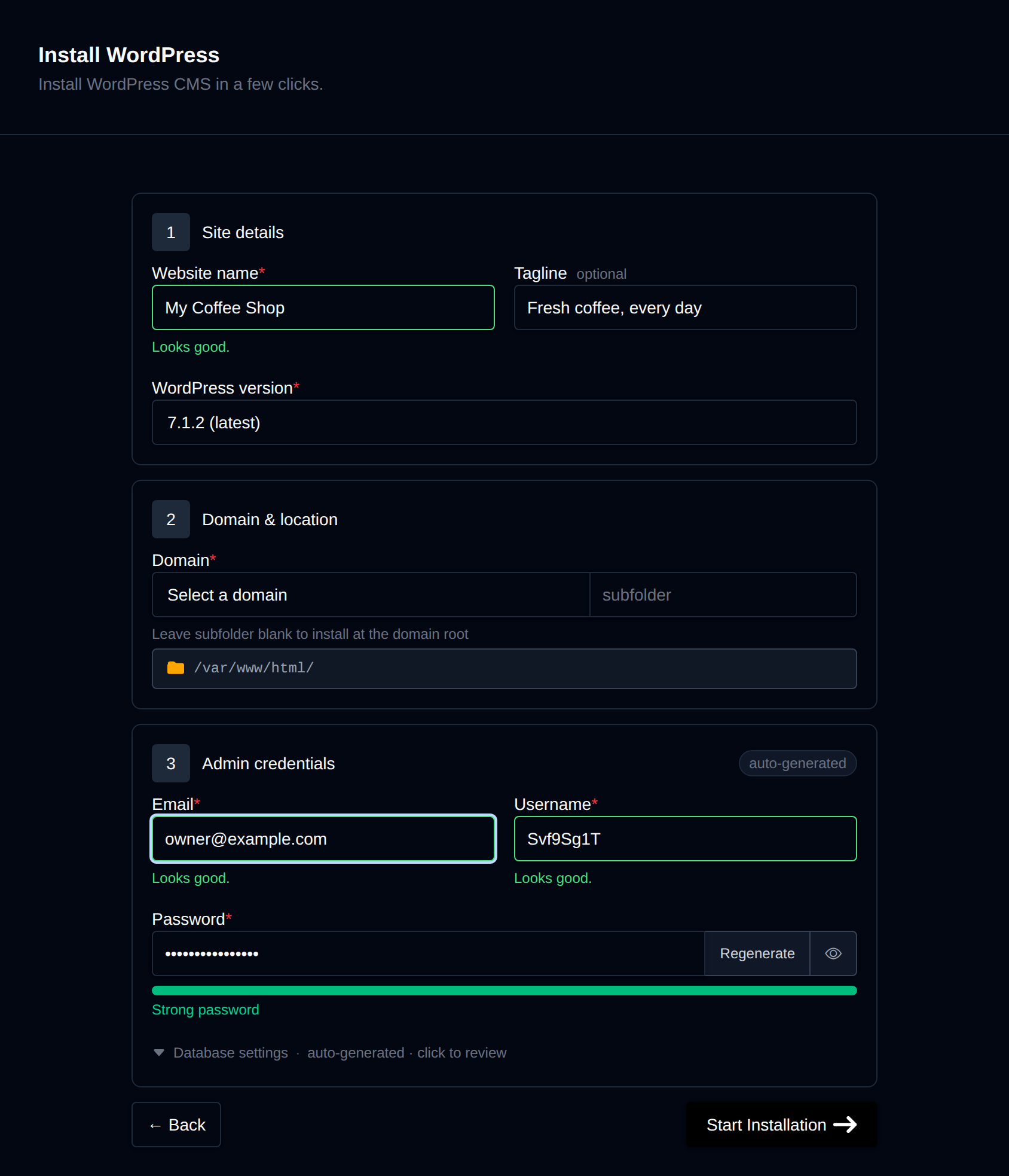 Install WordPress form with site details, domain and location, and admin credentials