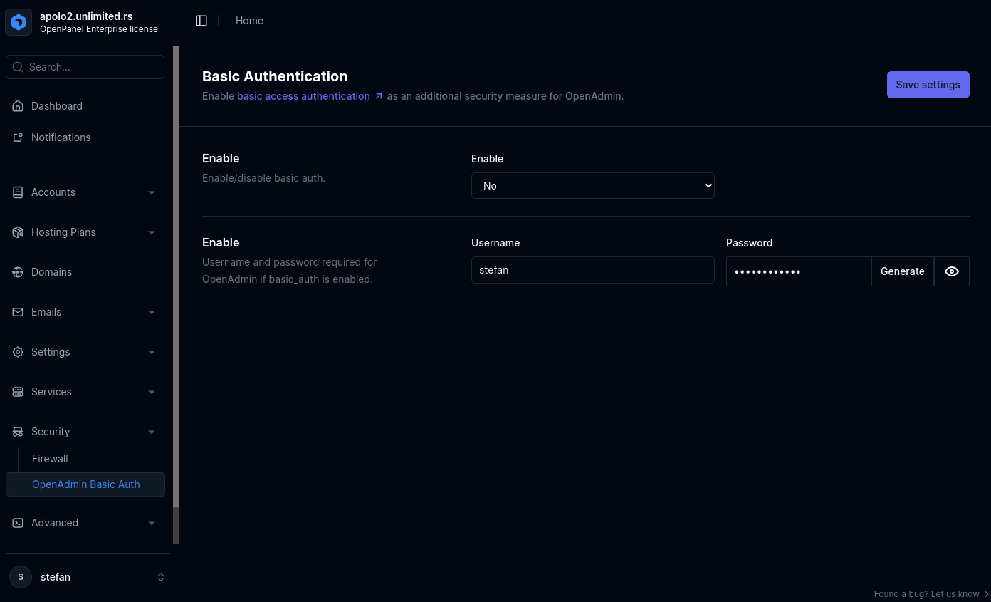 basic_auth settings openadmin