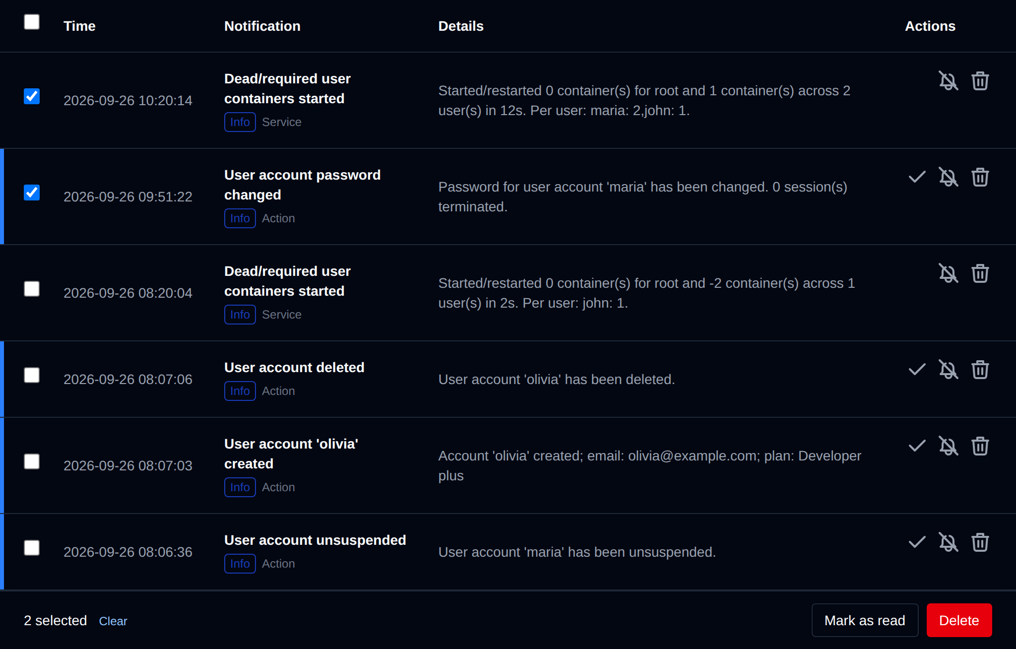 Two notifications selected with the bulk actions bar offering Mark as read and Delete