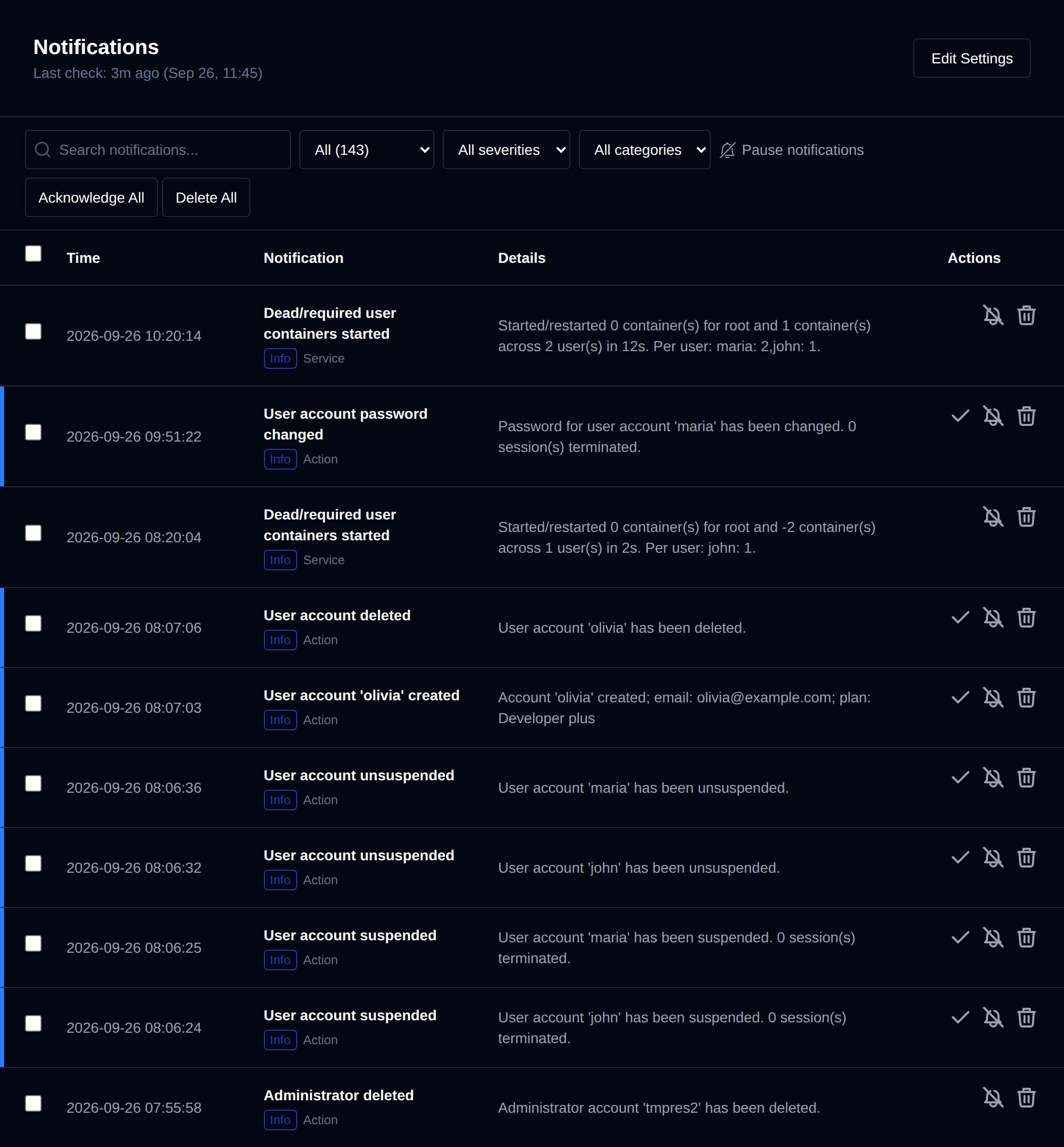 Notifications page listing recorded system alerts with the time, notification and details, and the Edit Settings, Pause notifications, Acknowledge All and Delete All buttons