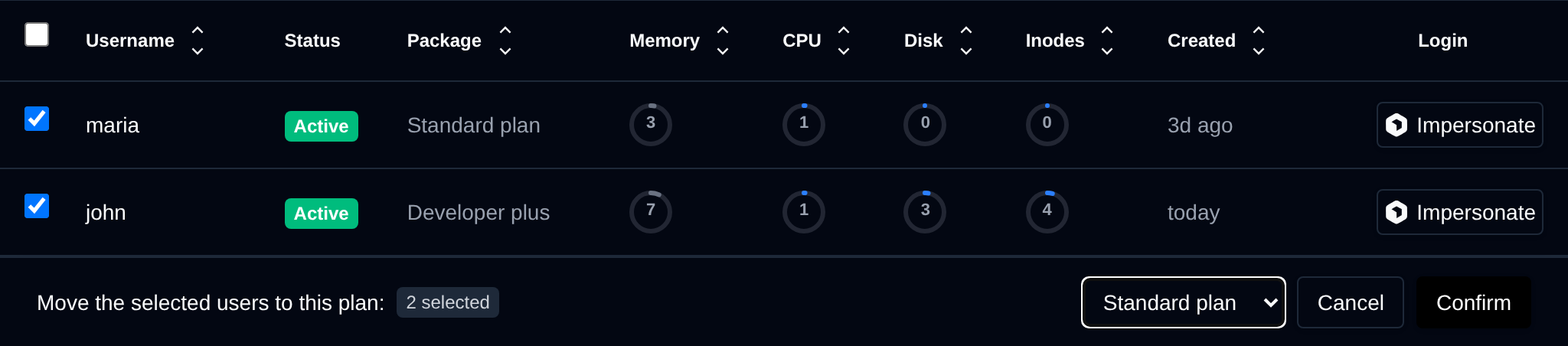Change plan step of the bulk actions bar with a dropdown of hosting plans for two selected users