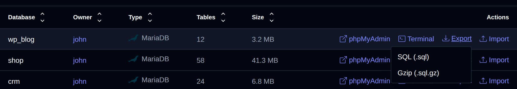 Export menu of a database with SQL and Gzip downloads