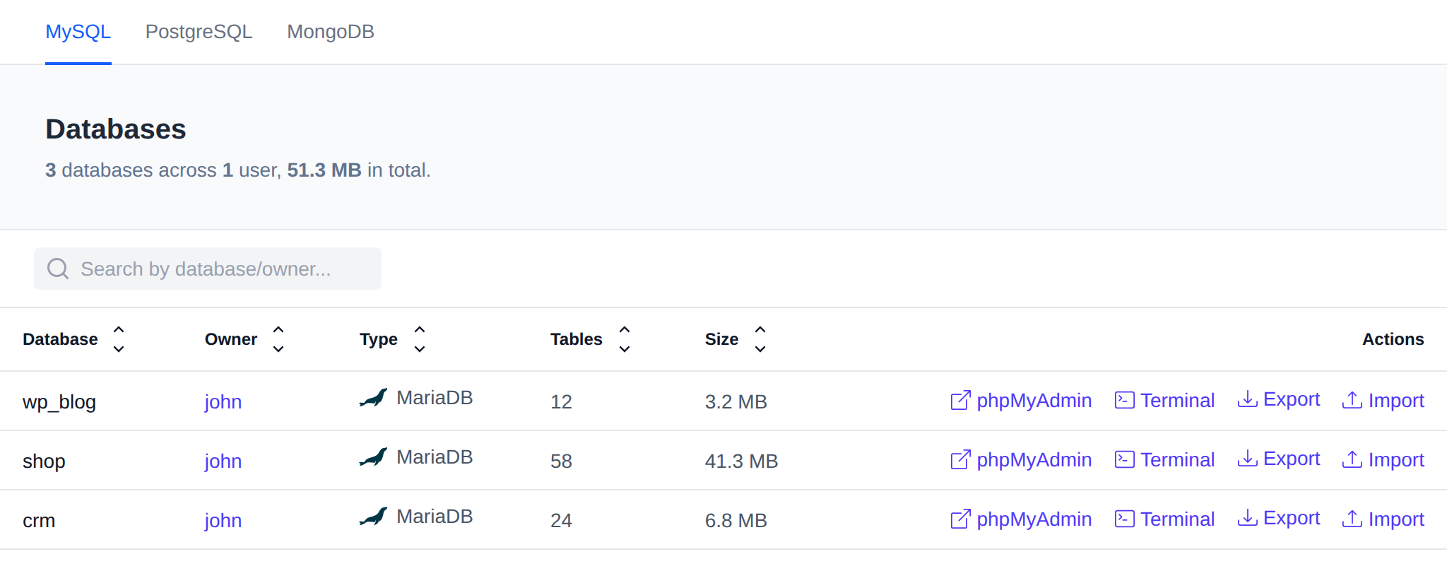 Databases page on the MySQL tab listing every database with its owner, MySQL or MariaDB type, number of tables, size and the Terminal, phpMyAdmin, Export and Import actions