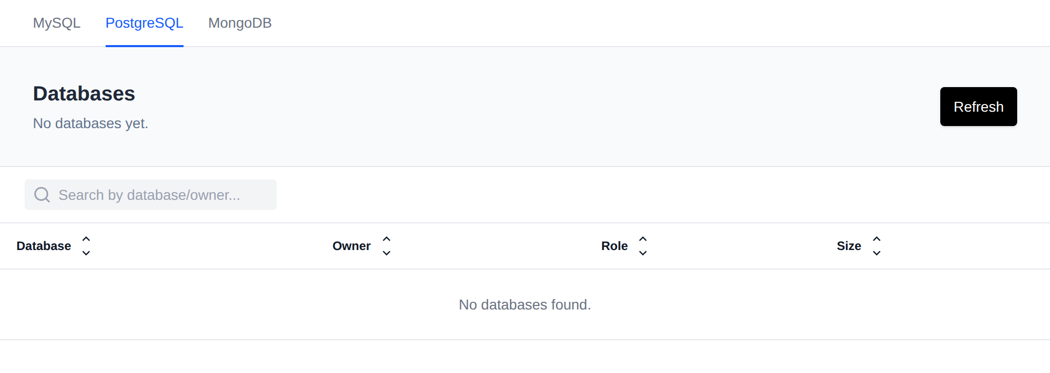 Databases page on the PostgreSQL tab with the Refresh button and the table of PostgreSQL databases from running services