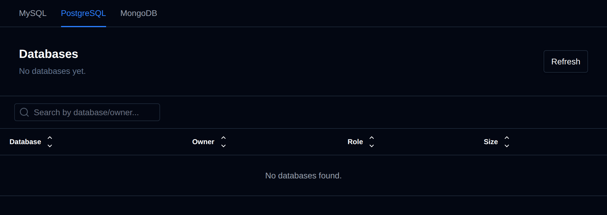 Databases page on the PostgreSQL tab with the Refresh button and the table of PostgreSQL databases from running services