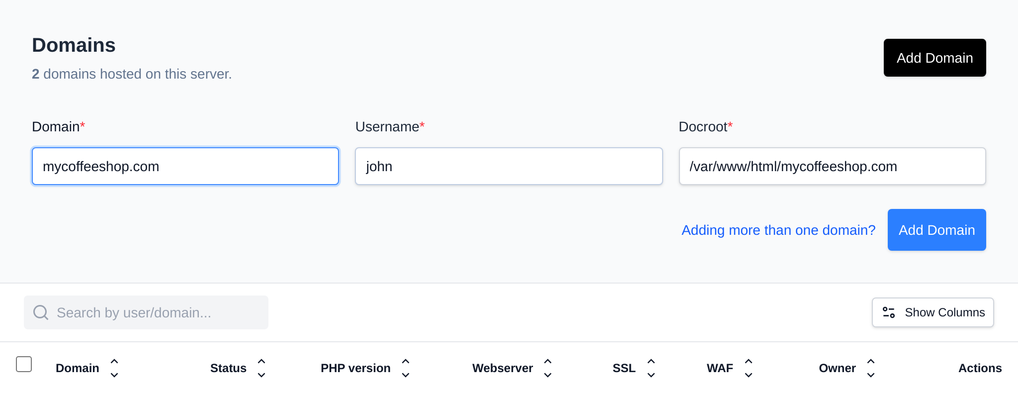 Add Domain form with the domain name, the user to add it to and the docroot
