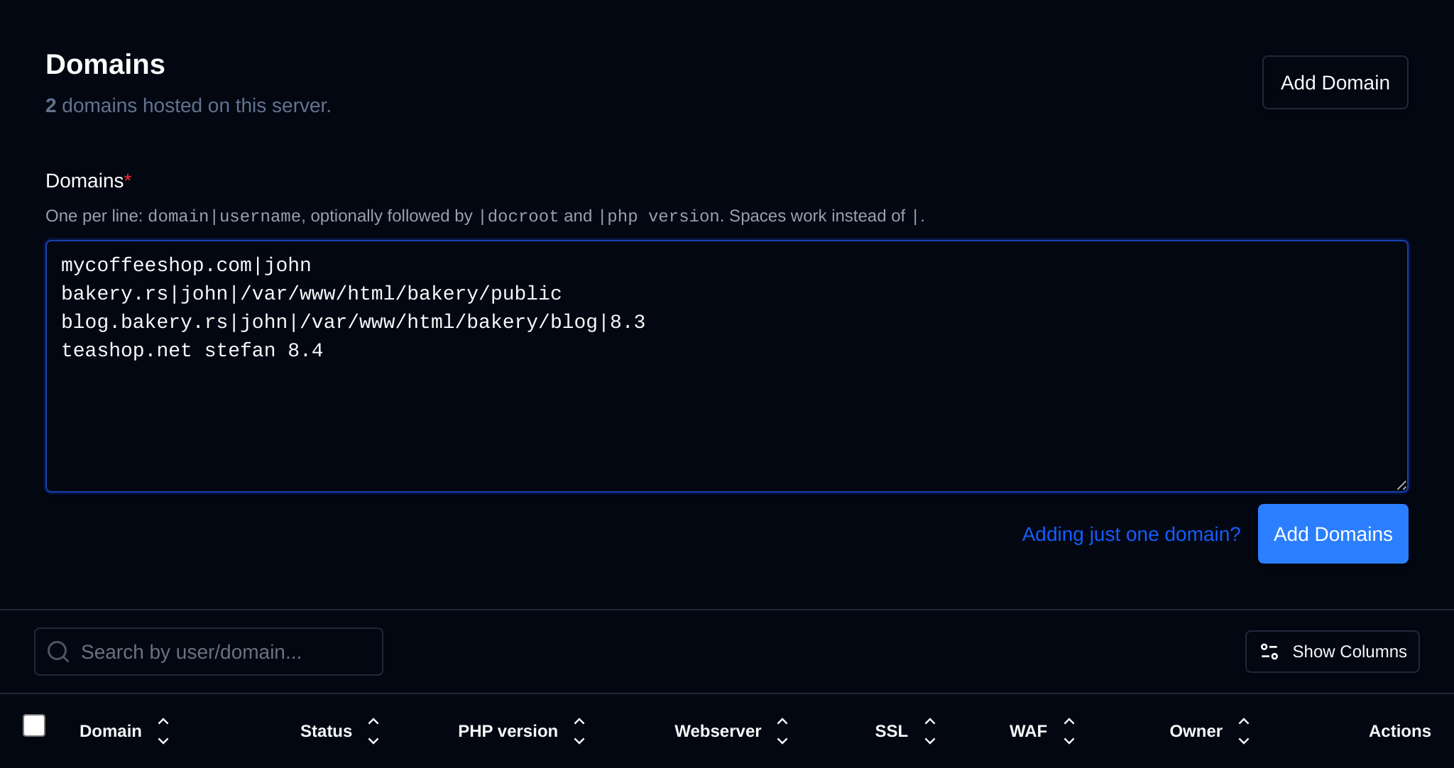Bulk add domains form with one domain per line
