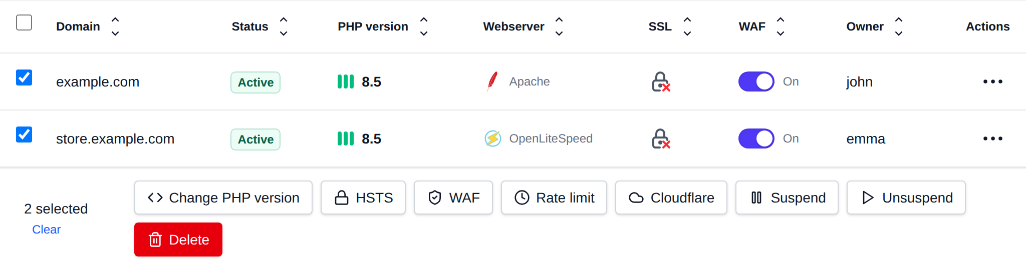 Two domains selected with the bulk actions bar offering Change PHP version, HSTS, WAF, Rate limit, Cloudflare, Suspend, Unsuspend and Delete