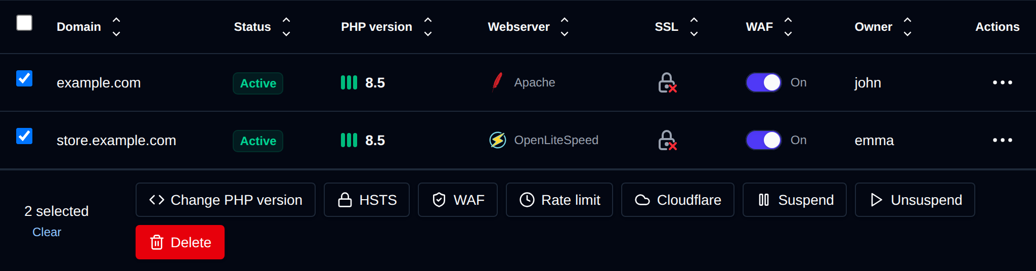 Two domains selected with the bulk actions bar offering Change PHP version, HSTS, WAF, Rate limit, Cloudflare, Suspend, Unsuspend and Delete