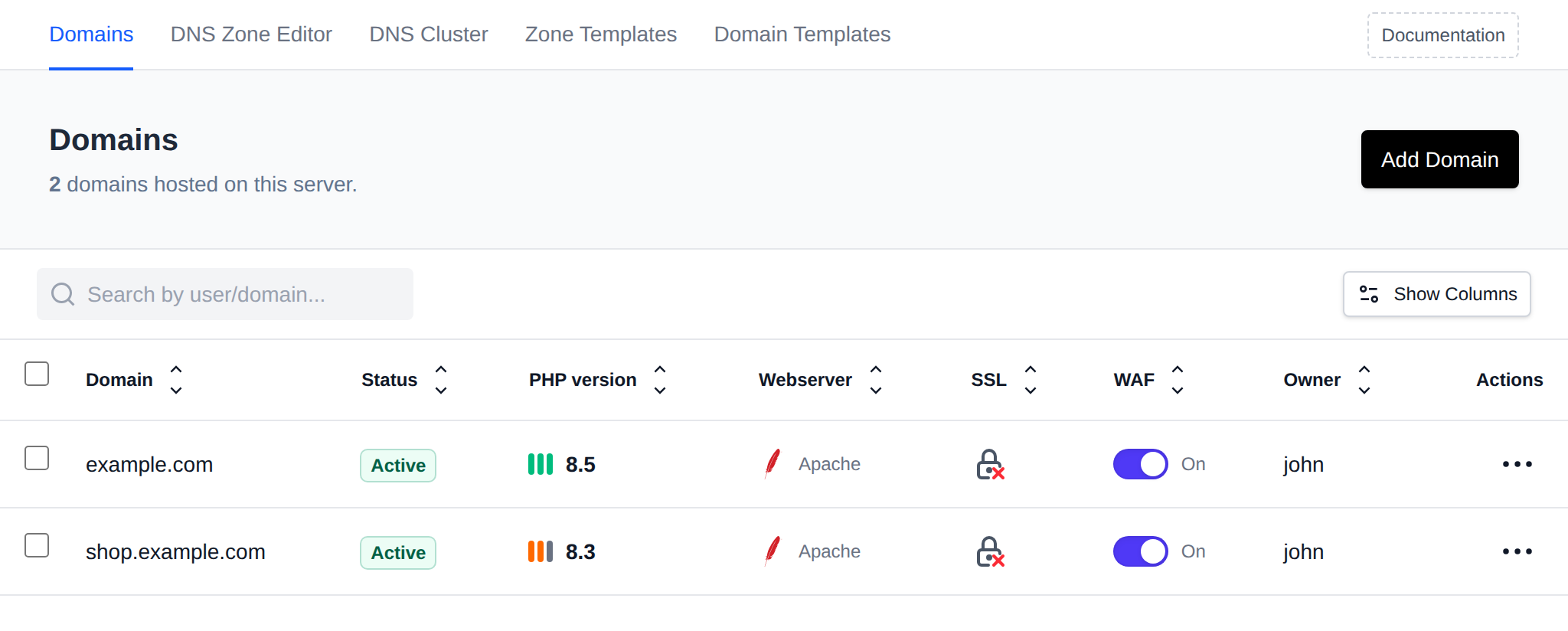 Domains page listing all domains with their status, PHP version, webserver, SSL, WAF and owner