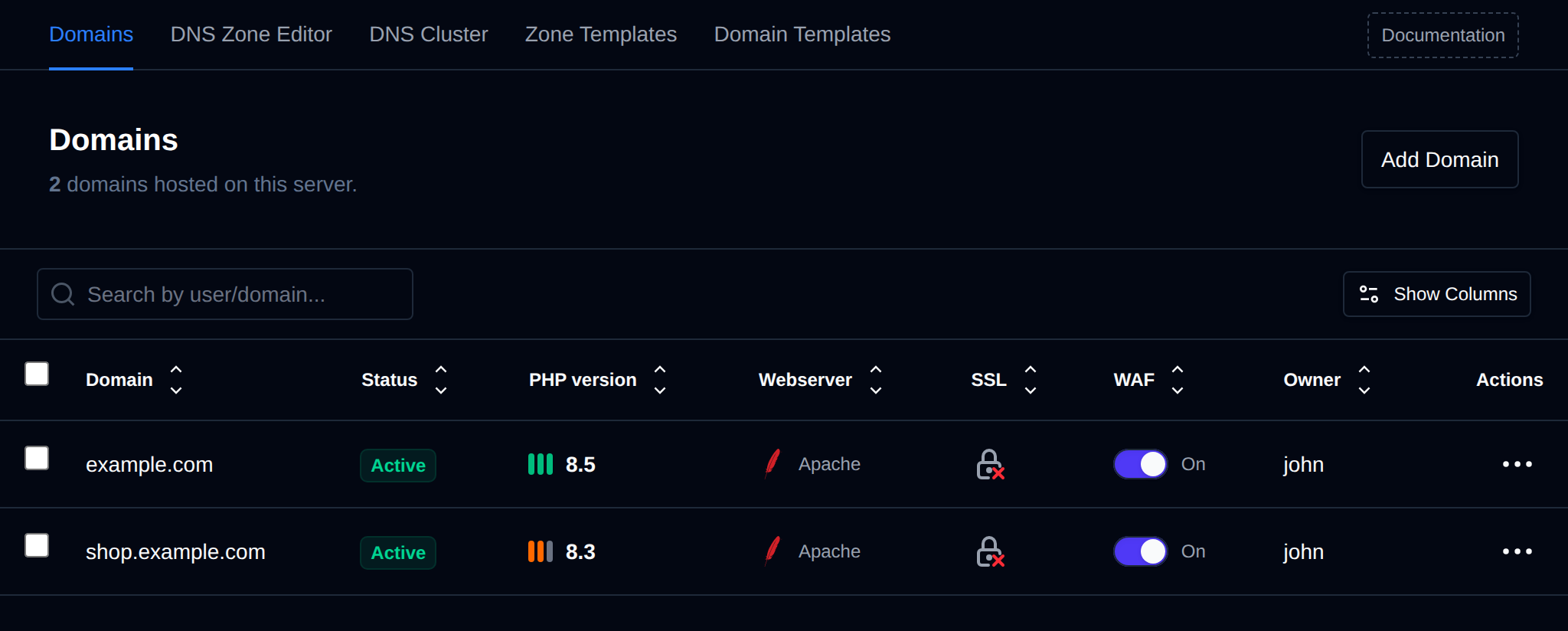 Domains page listing all domains with their status, PHP version, webserver, SSL, WAF and owner