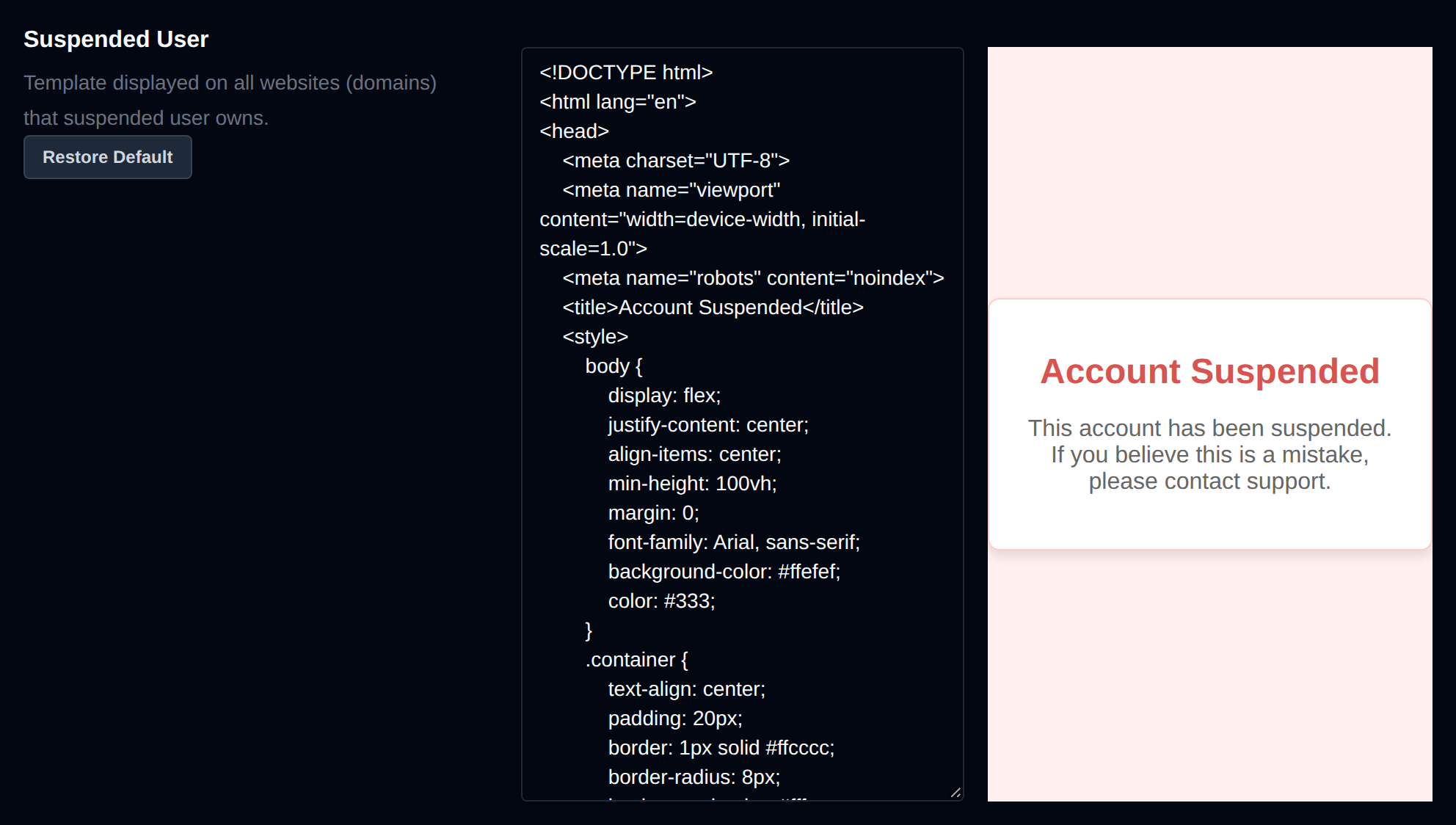 Suspended User template editor with a live preview