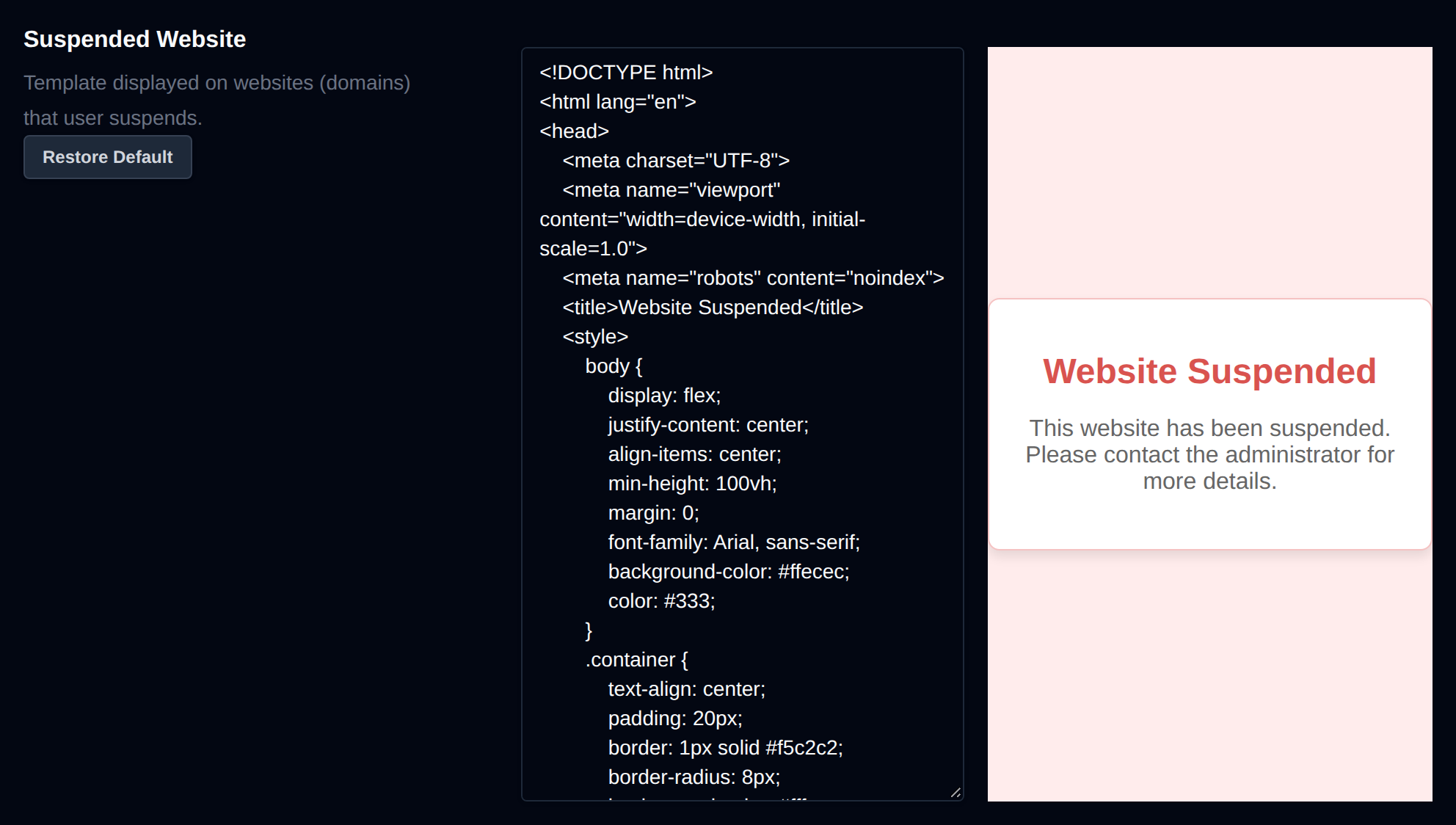Suspended Website template editor with a live preview