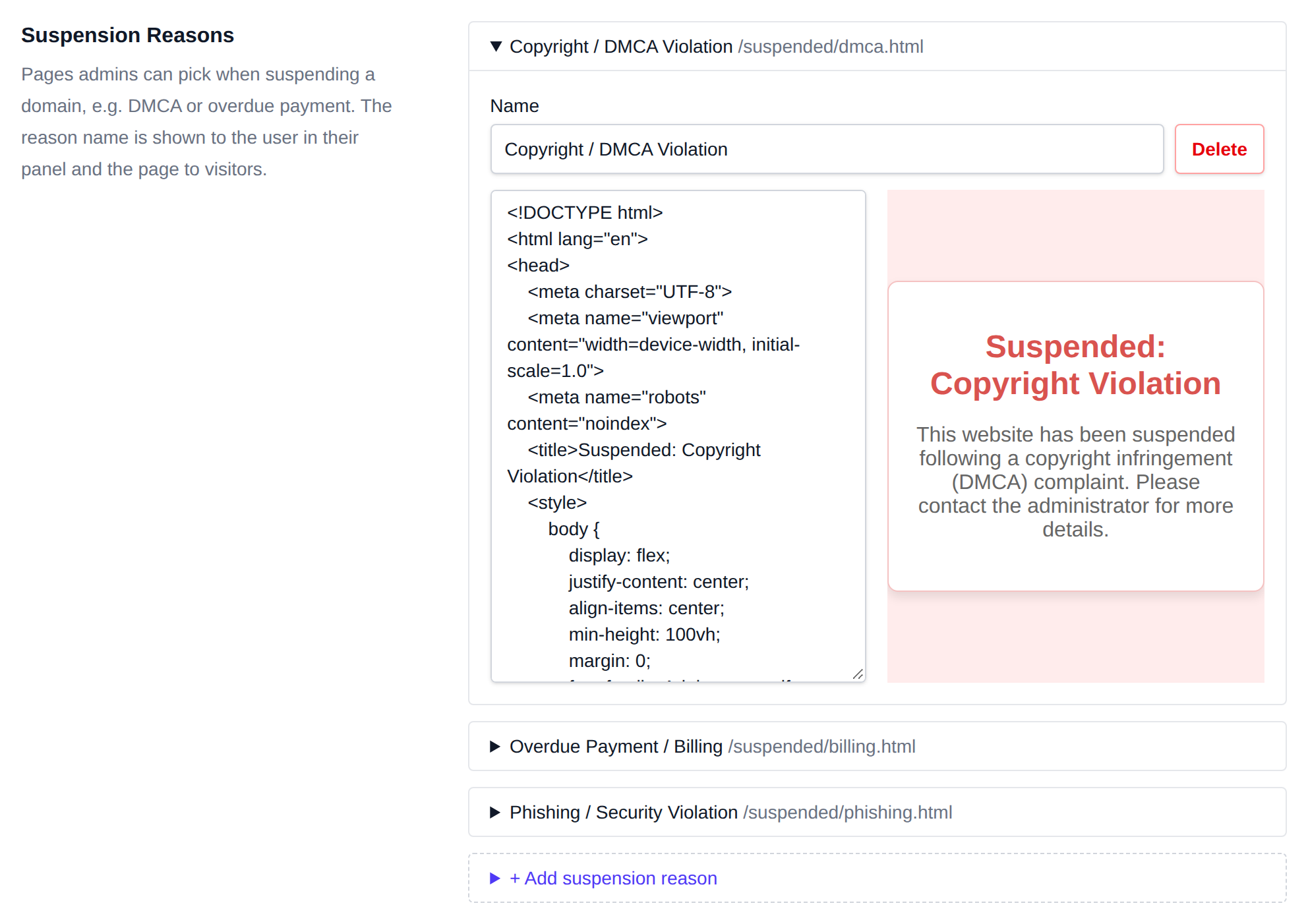 Suspension Reasons with the Copyright / DMCA Violation reason open showing its name, Delete button, HTML and live preview, and the Add suspension reason row