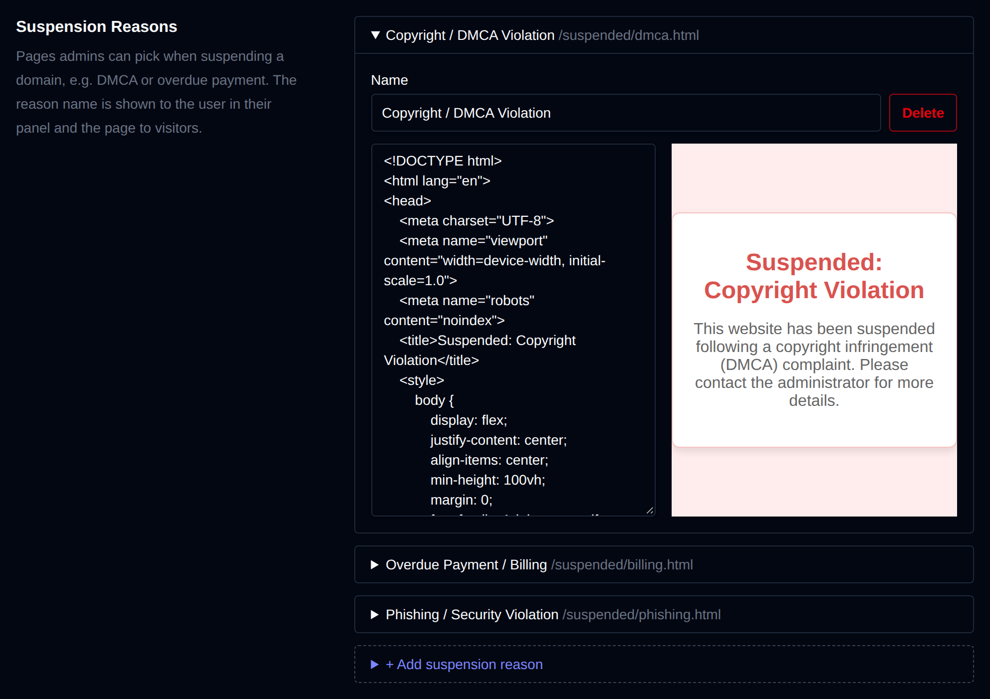 Suspension Reasons with the Copyright / DMCA Violation reason open showing its name, Delete button, HTML and live preview, and the Add suspension reason row
