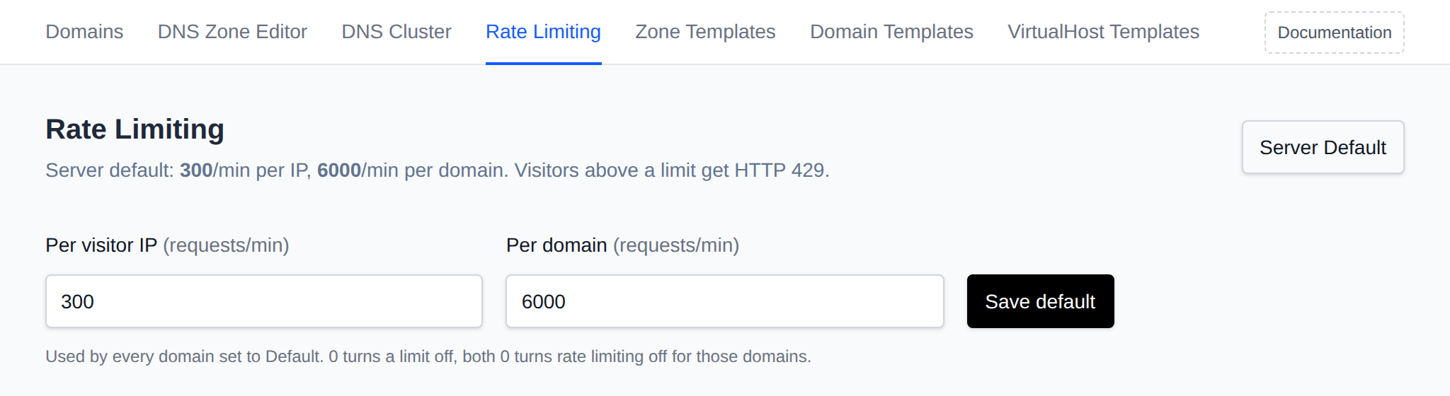 Server Default form open with the requests per minute per visitor IP and per domain and the Save default button