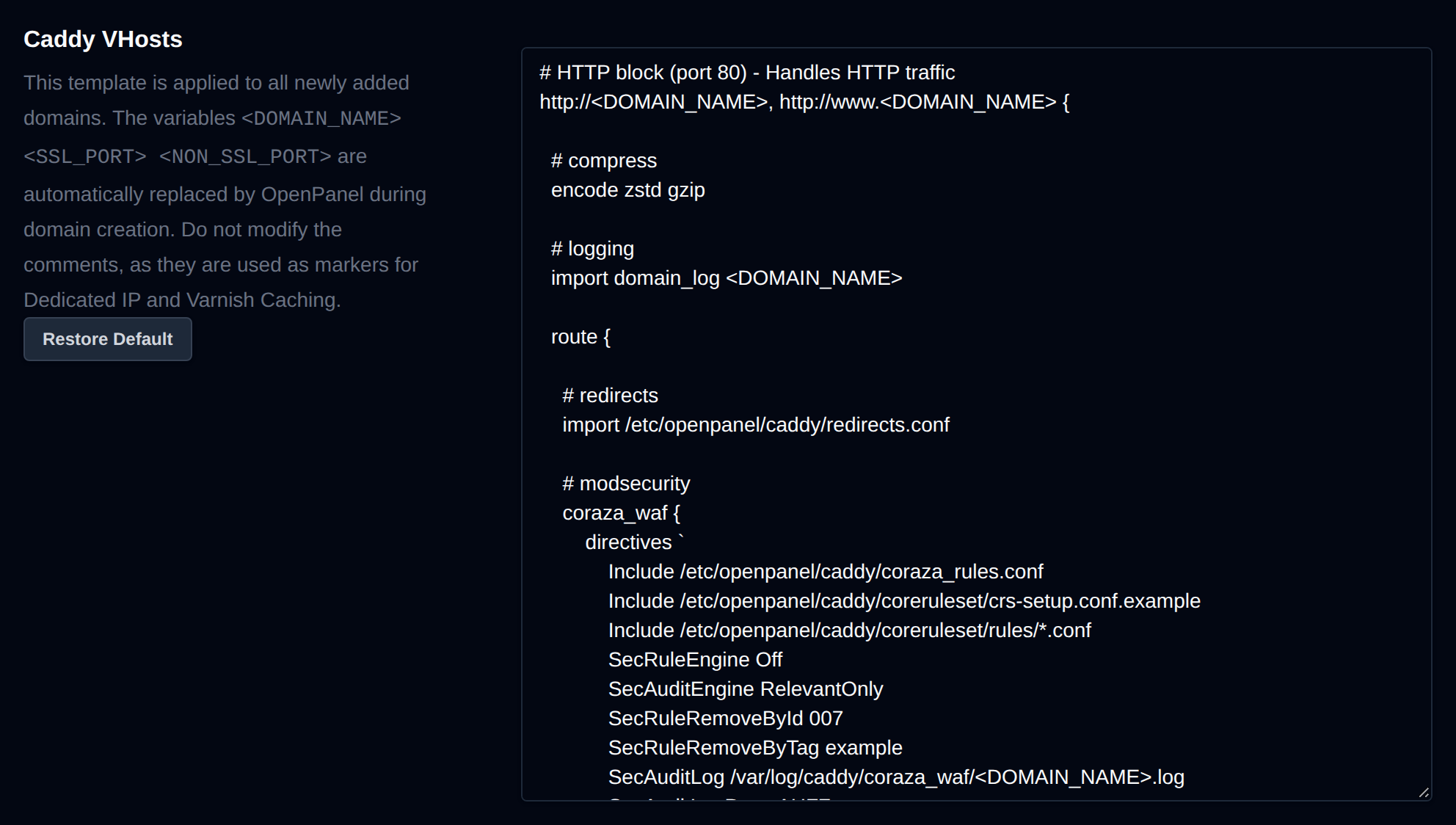 Caddy VHosts template editor