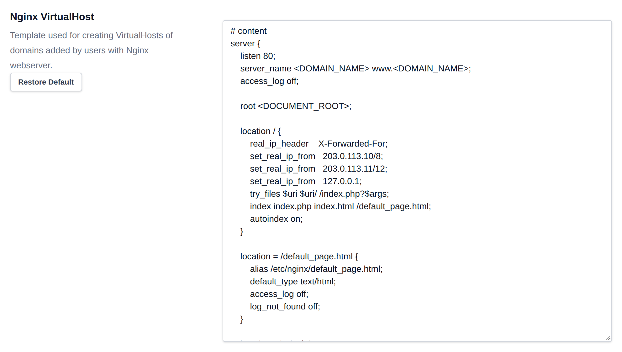 Nginx VirtualHost template editor