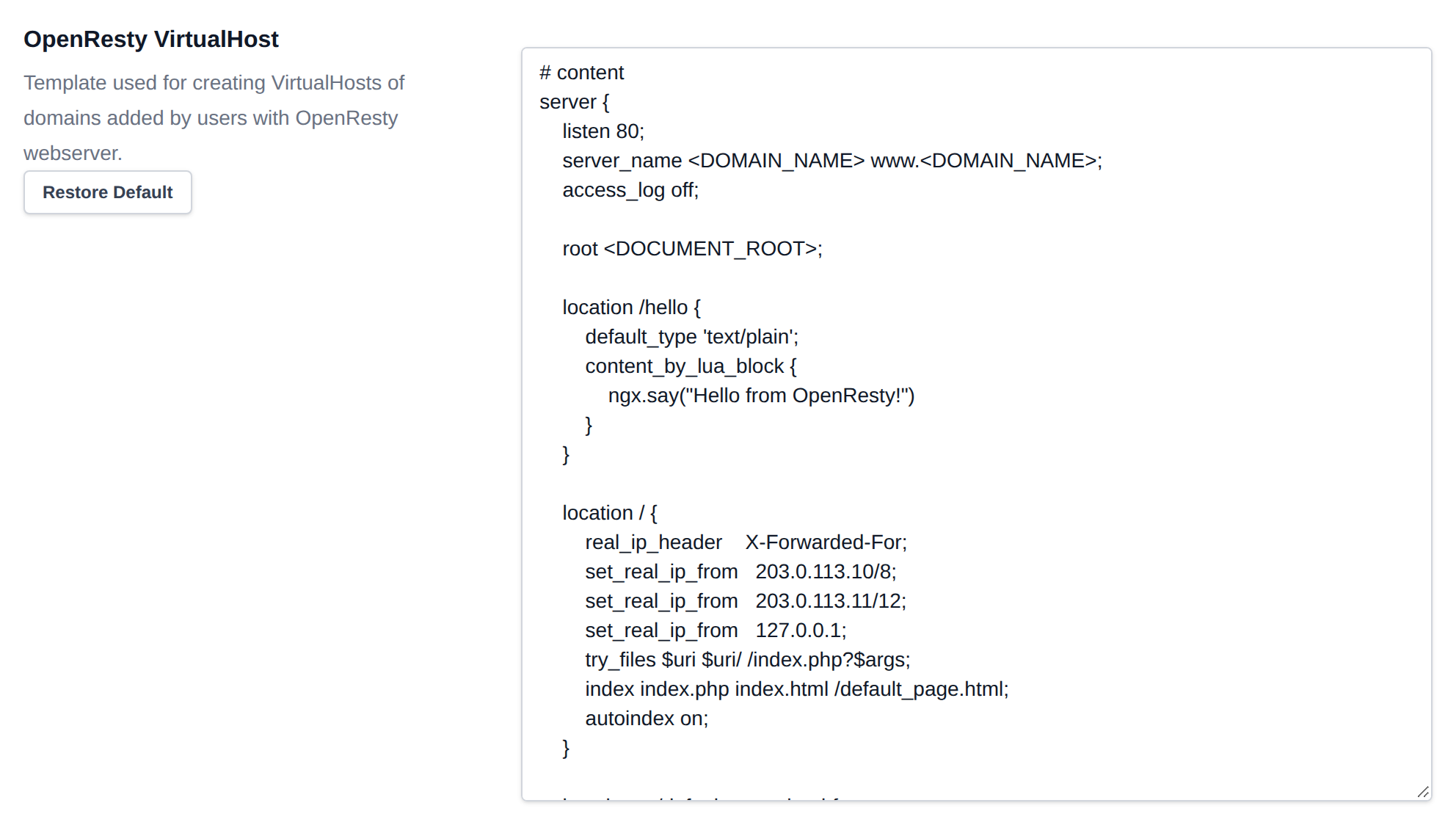 OpenResty VirtualHost template editor