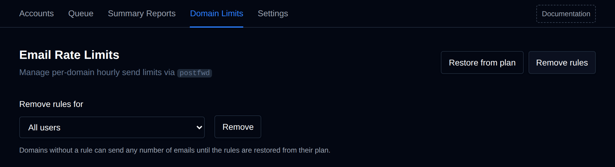 Remove rules section with All users or one user and the Remove button