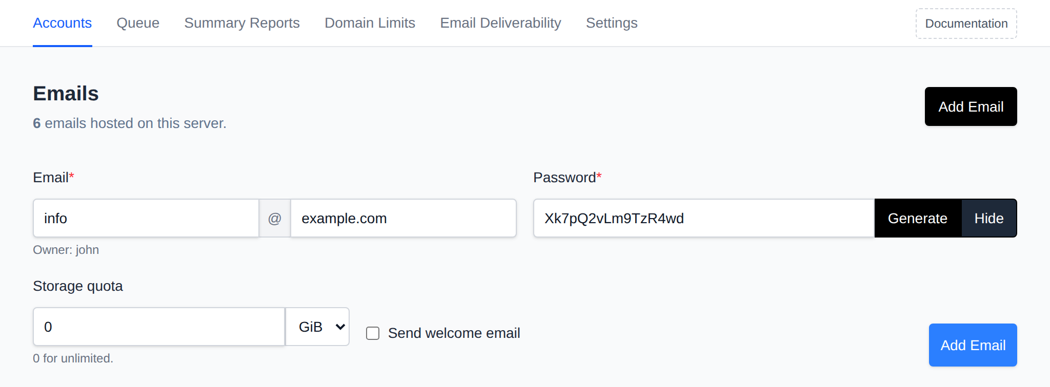 Add Email form with the username, a domain picked from the existing domains, its owner, the password with Generate and Show, the storage quota and Send welcome email