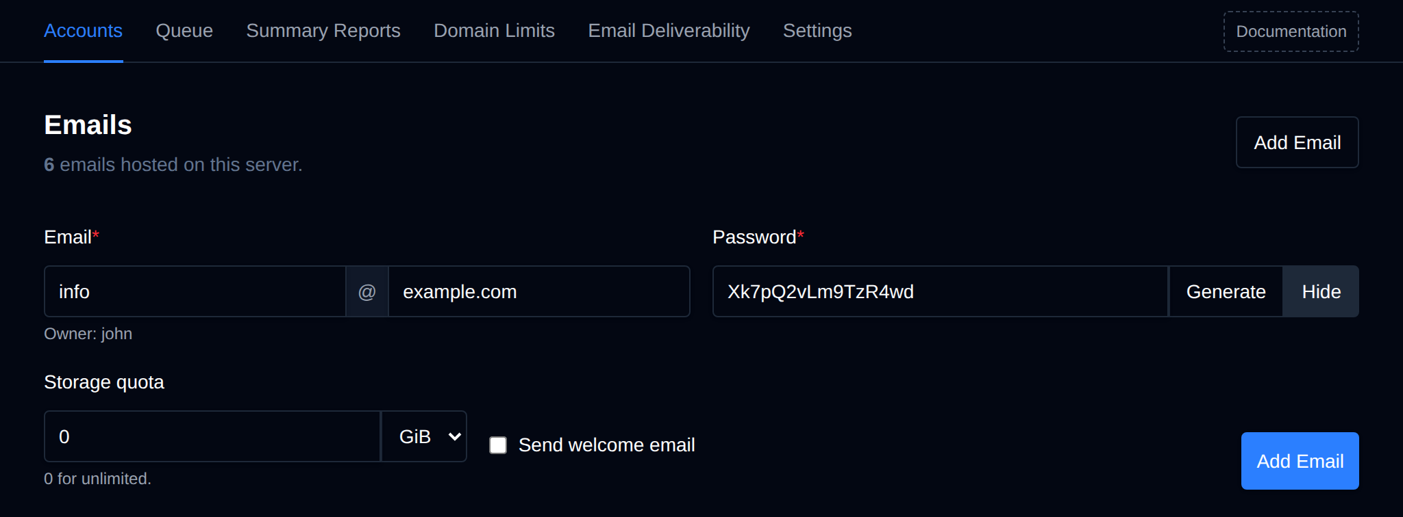 Add Email form with the username, a domain picked from the existing domains, its owner, the password with Generate and Show, the storage quota and Send welcome email
