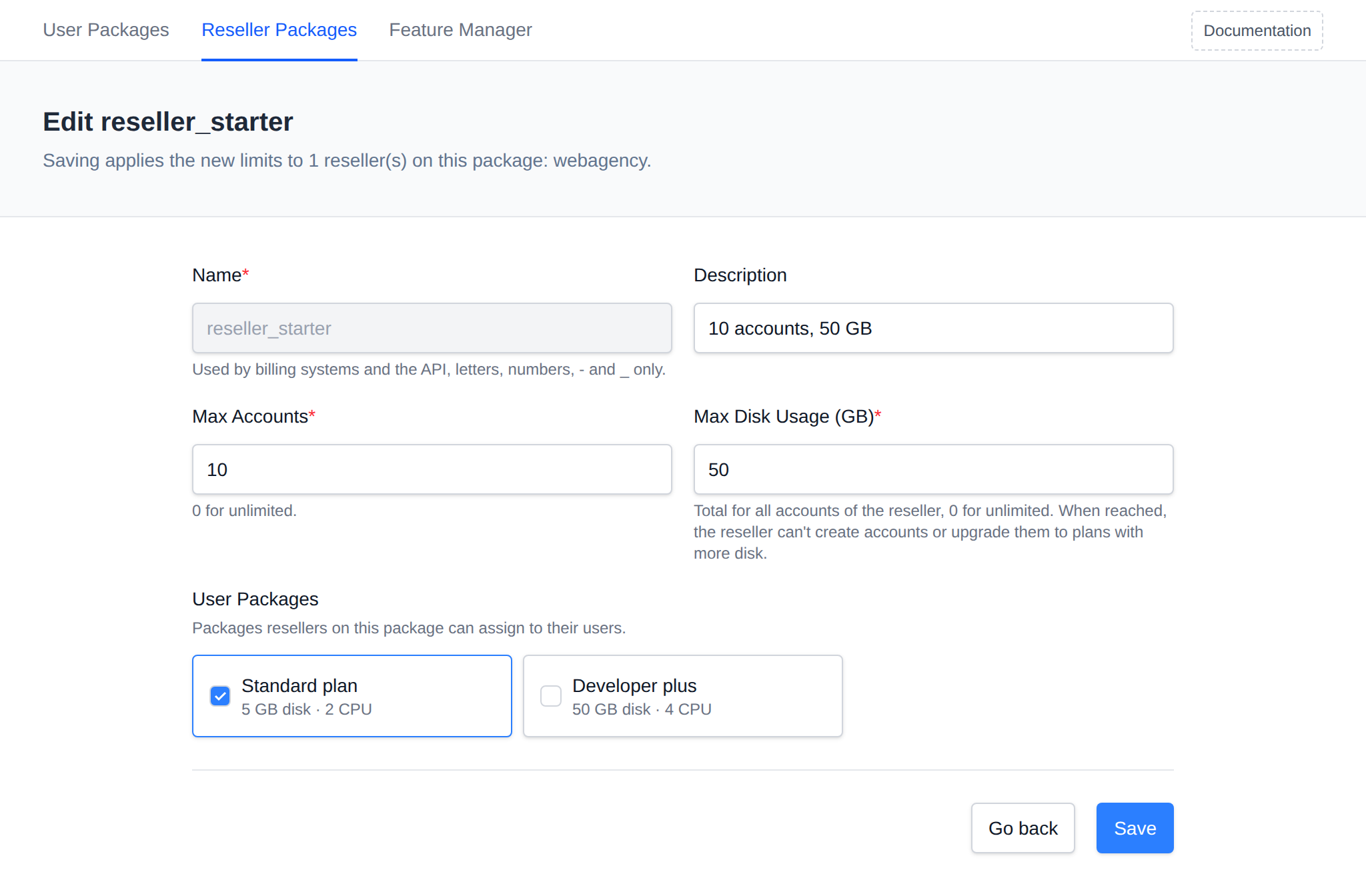 Edit page of a reseller package listing the resellers on it, with its limits and allowed user packages