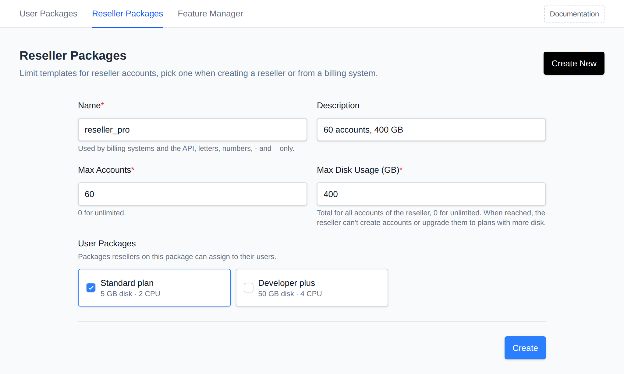 Create New reseller package form with name, description, max accounts, max disk usage and the user packages resellers can assign