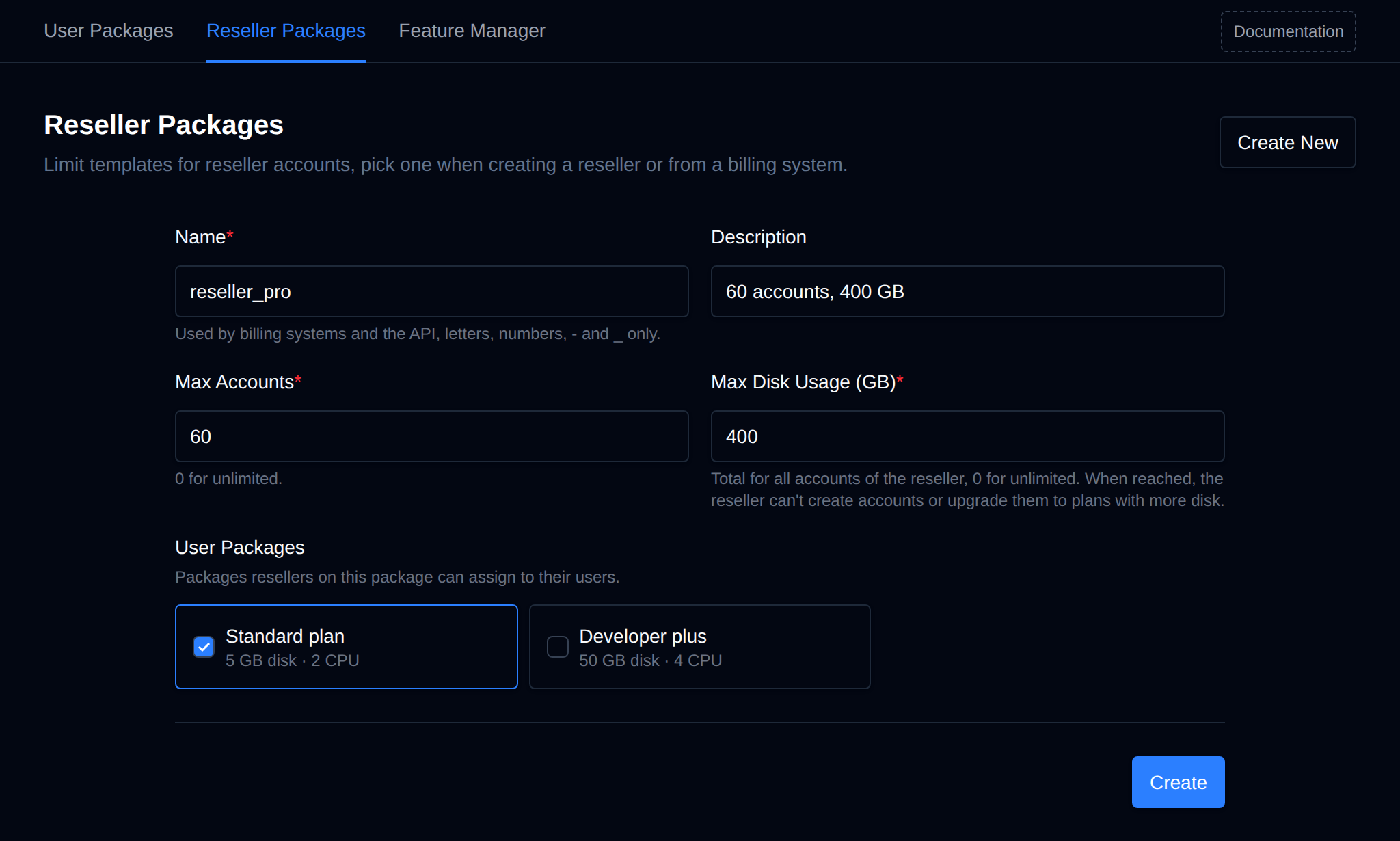 Create New reseller package form with name, description, max accounts, max disk usage and the user packages resellers can assign
