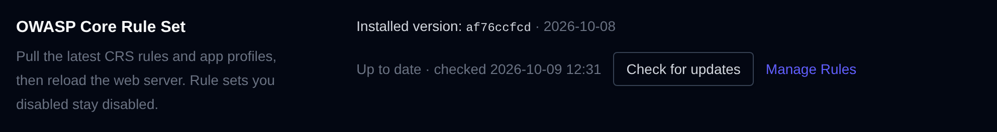 OWASP Core Rule Set section with the installed version, the up to date status and the Check for updates button