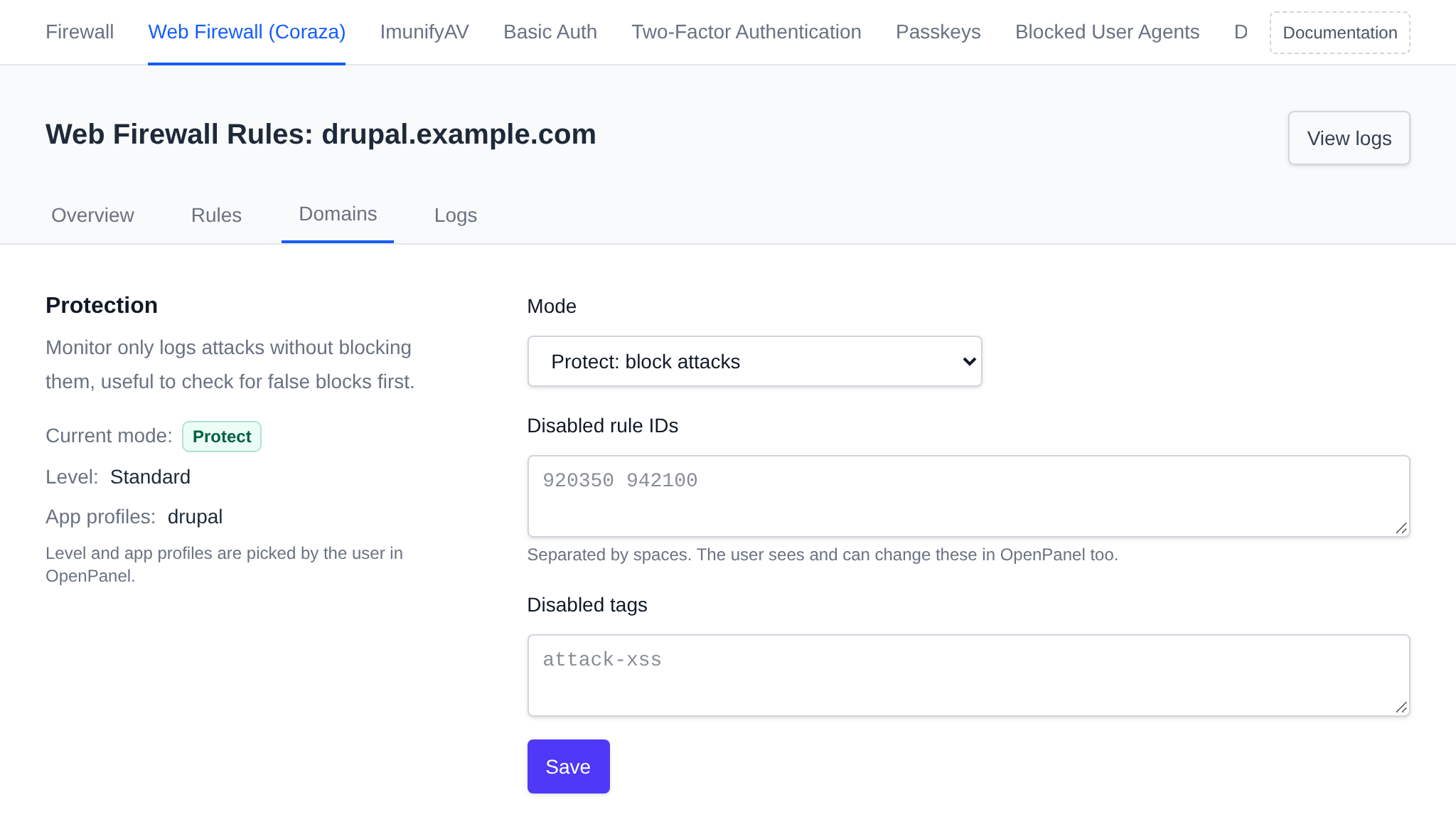 WAF settings of a single domain with its mode, level, app profiles and the disabled rule IDs and tags