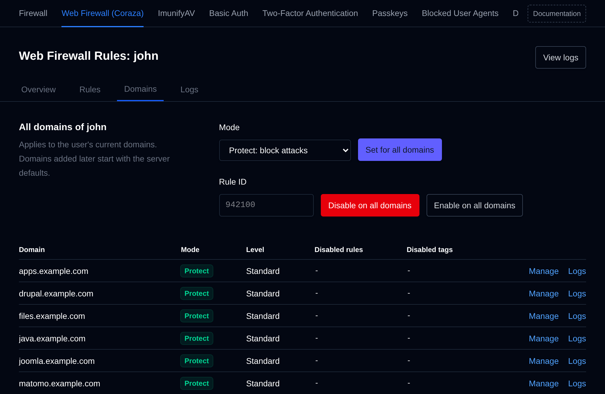 WAF settings for all domains of a user with the mode for all domains, the rule ID to disable or enable on all of them and the table of the user domains