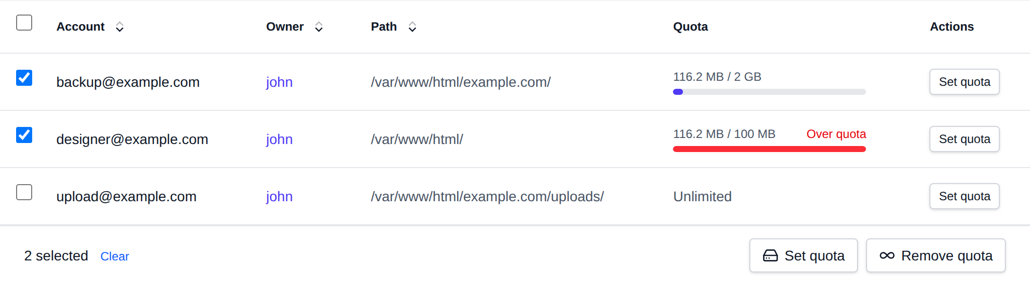 Two FTP accounts selected with the bulk actions bar offering Set quota and Remove quota